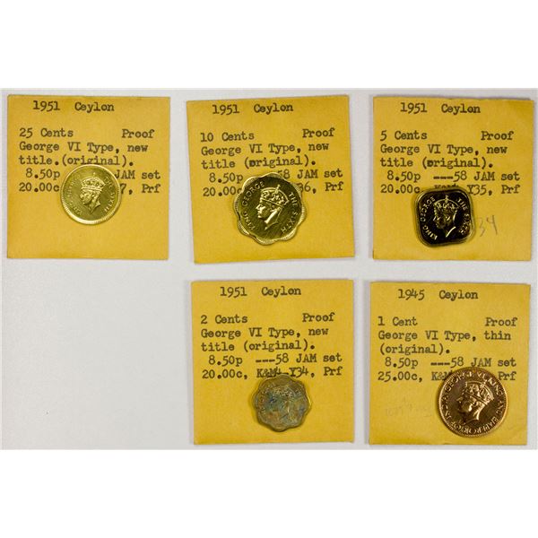 CEYLON: George VI, 1937-1952, partial proof set of 5 pieces