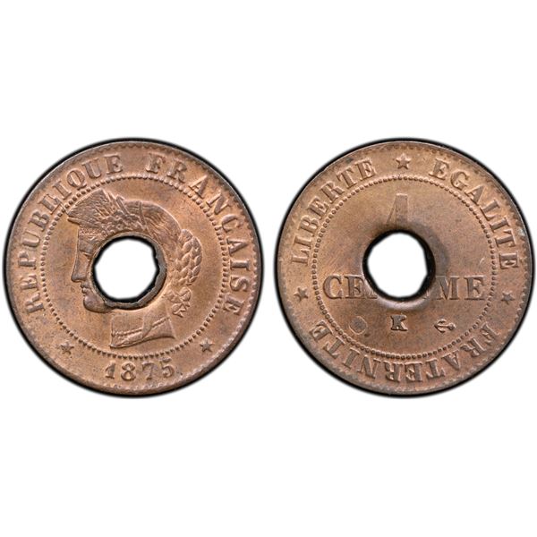 FRENCH COCHINCHINA: AE sapeque, 1875-K, PCGS MS65 RB