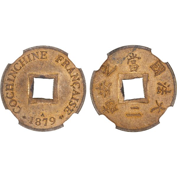 FRENCH COCHINCHINA: AE 2 sapeque, 1879-A, NGC MS63 RB