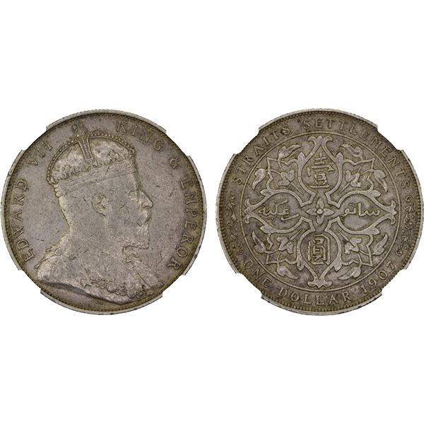 STRAITS SETTLEMENTS: Edward VII, 1901-1910, AR dollar, 1907, NGC AU53