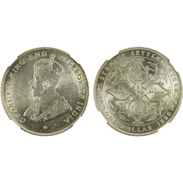 STRAITS SETTLEMENTS: George V, 1910-1936, AR dollar, 1920, NGC MS60