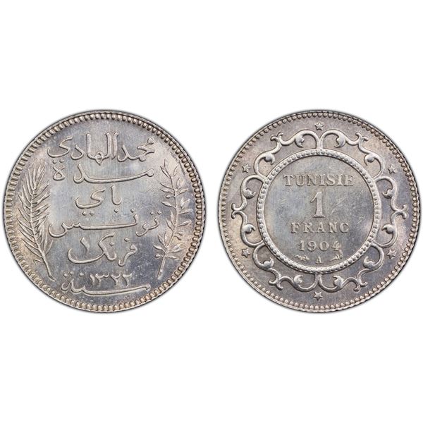 TUNISIA: Muhammad al-Hadi Bey, 1902-1906, AR franc, 1904/AH1322-A, PCGS MS63