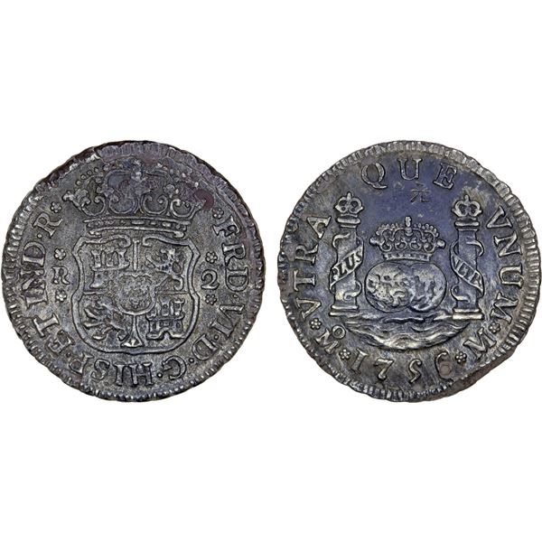 CHINESE CHOPMARKS: MEXICO: Carlos III, 1759-1788, AR 2 reales (6.21g), 1756-Mo, XF