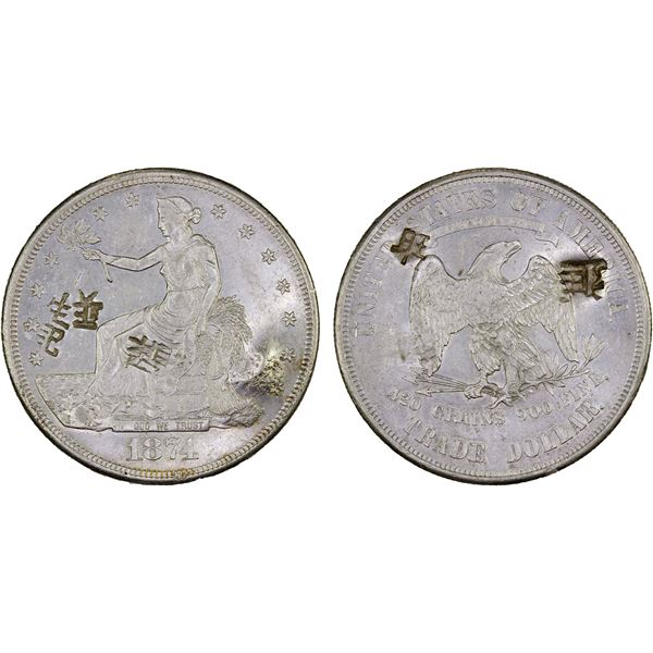CHINESE CHOPMARKS: UNITED STATES: AR trade dollar, 1874-S, XF