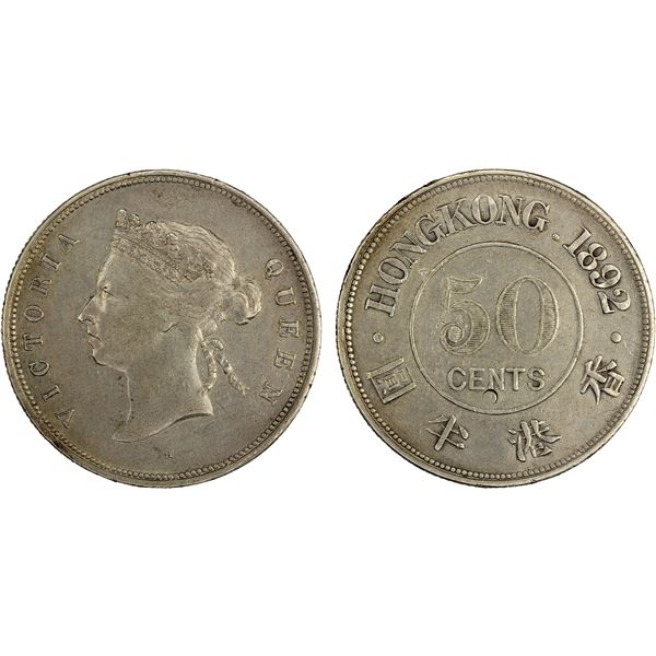 HONG KONG: Victoria, 1841-1901, AR 50 cents, 1892-H, XF