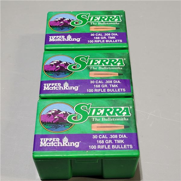 3 Boxes of 100 Sierra 30 Cal. .308 Diameter 168gr TMK Bullets
