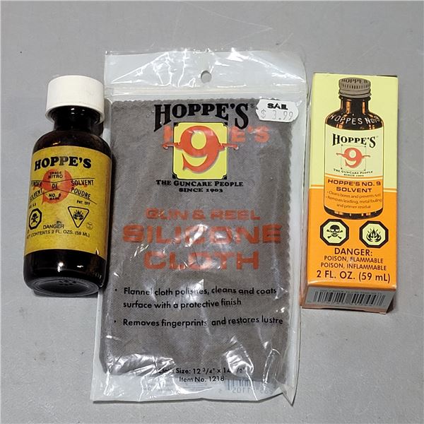 Hoppes Silicone Gun & Reel Cloth plus 2 Hoppes #9 2oz Bore Cleaner