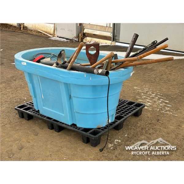 POLY WATER TUB W/MISC SHOP & GARDEN TOOLS