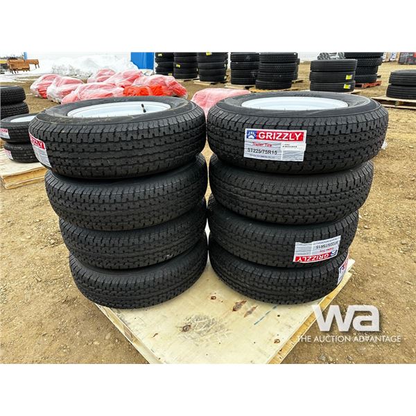 (8) Grizzly ST225/75R15 Trailer Tires & Rims