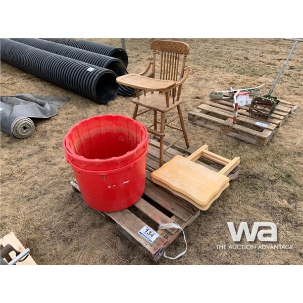 ANTIQUE HIGH CHAIR, TV TRAYS, TUBS