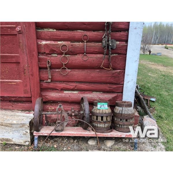 (2) WOOD HUBS, AXLE, BRIDLE & HOOK