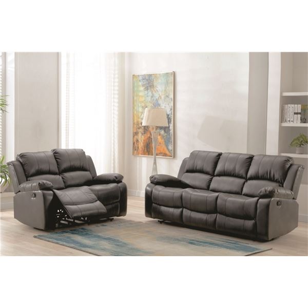 GREY RECLINING SOFA, LOVE SEAT & CHAIR