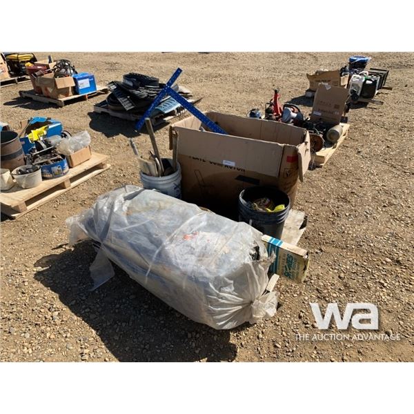 GRAY RAIN TARP, AIR HOSE, ASSORTED TOOLS