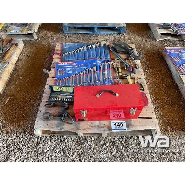 RED TOOL BOX, COMBO WRENCHES, SOCKET SET, HOOKS