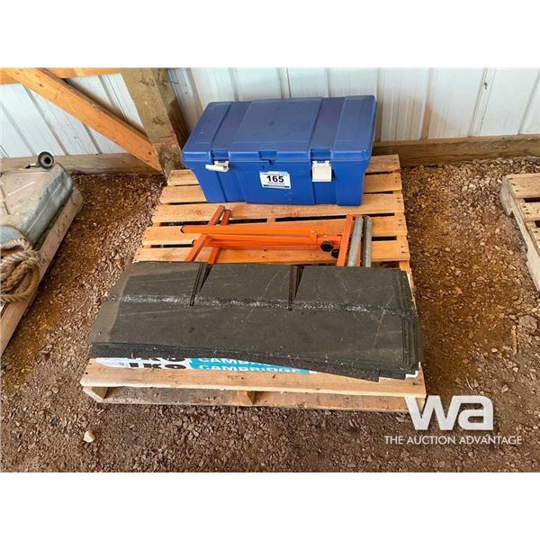 ASPHALT SHINGLES, ROLLER STANDS, BLUE TOTE