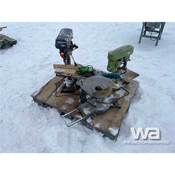 (2) BENCH DRILL PRESSES, ANGLE GRINDER, MITRE SAW