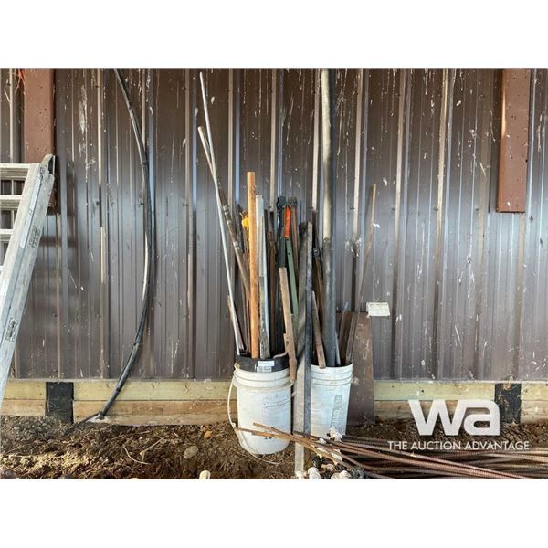 BUCKETS OF MISC. STEEL & STEEL ON WALL RACK