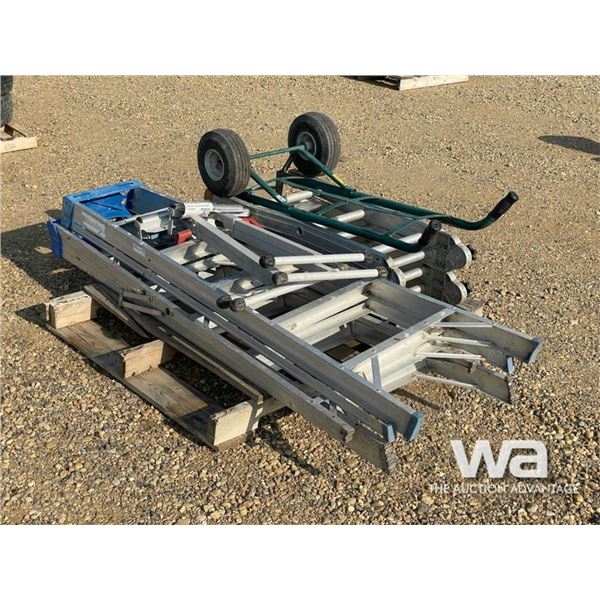 (3) ALUMINUM LADDERS, (2) ROLLER STANDS & DOLLY