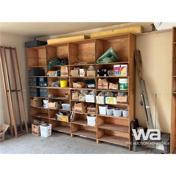 WOODEN SHELVING W/SHOP ACCESSORIES