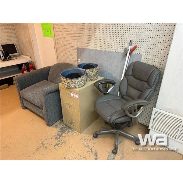 (3) CHAIRS, TWO DRAWER FILING CABINET, HATS