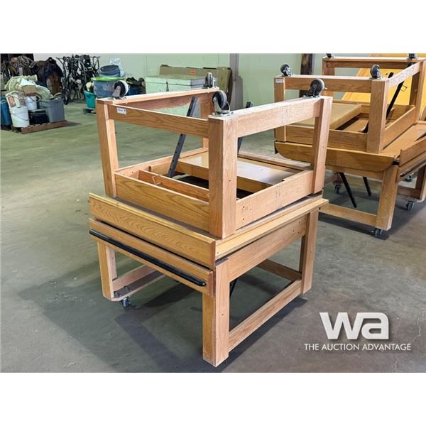 (2) WOODEN DISPLAY STANDS ON WHEELS