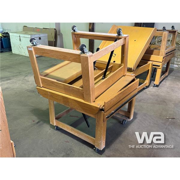 (2) WOODEN DISPLAY STANDS ON WHEELS