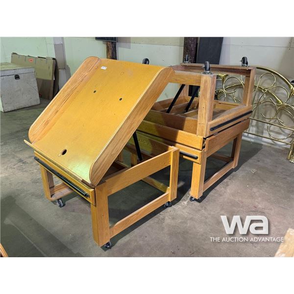 (3) WOODEN DISPLAY STANDS ON WHEELS