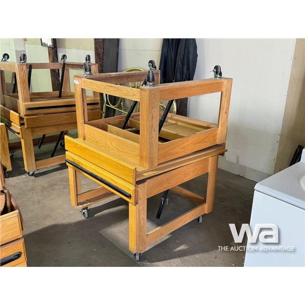 (2) WOODEN DISPLAY STANDS ON WHEELS