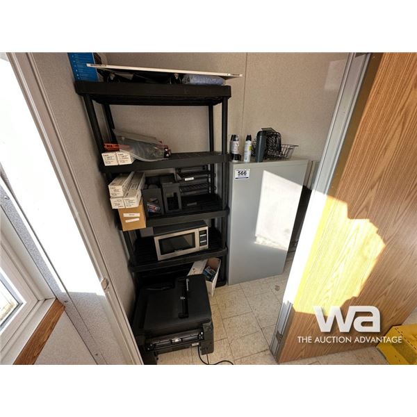 FILING CABINET, MICROWAVE, STORAGE RACK, CHAIRS