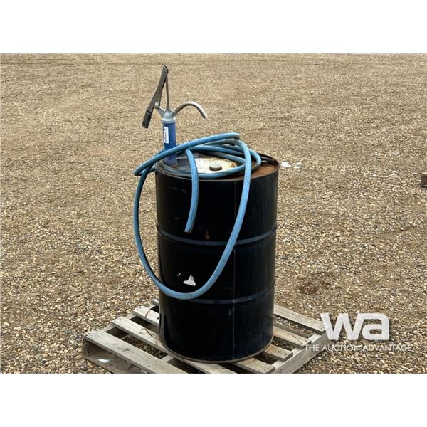PARTIAL DRUM OF 5-30W OIL AND HAND PUMP