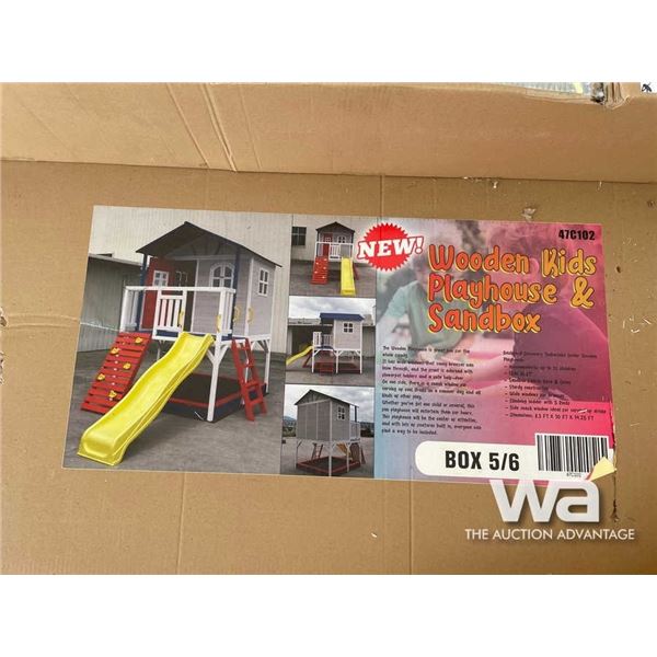 (UN-USED) KIDS WOOD PLAYHOUSE & SANDBOX W/ SLIDE
