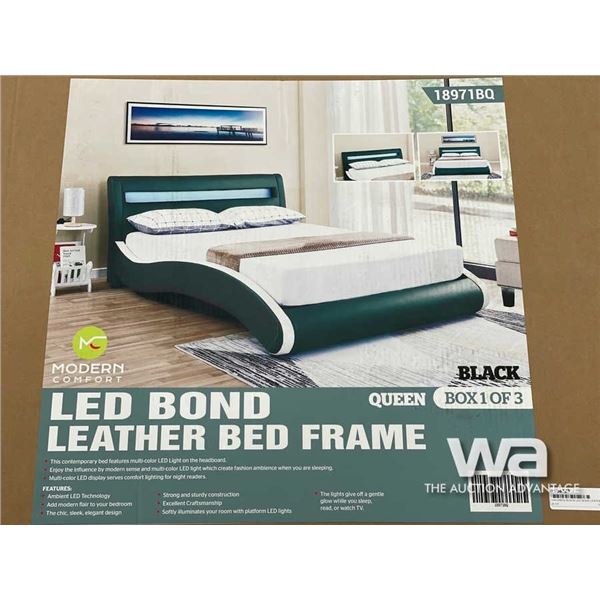 (UN-USED) BLACK LED BOND LEATHER QUEEN BED FRAME
