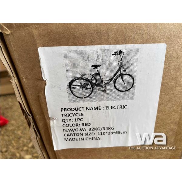 (UN-USED) RED ELECTRIC TRICYCLE W/ 2 BASKETS