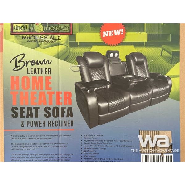 BROWN LEATHER HOME THEATER SOFA & POWER RECLINER