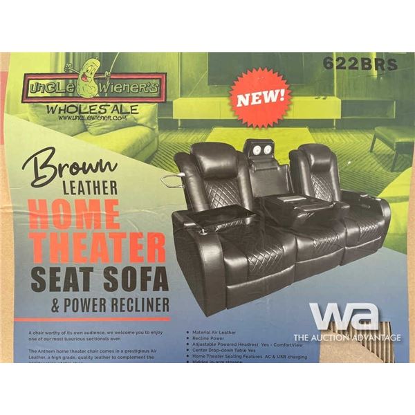 BROWN LEATHER HOME THEATER SOFA & POWER RECLINER