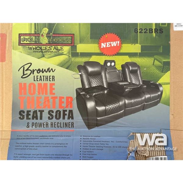 BROWN LEATHER HOME THEATER SOFA & POWER RECLINER