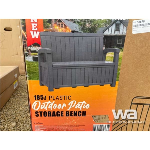 (UN-USED) GRAY OUTDOOR PATIO STORAGE BENCH