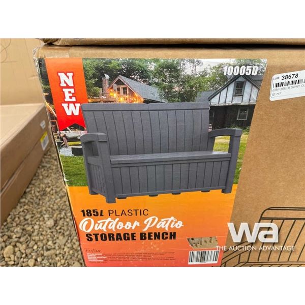 (UN-USED) GRAY OUTDOOR PATIO STORAGE BENCH