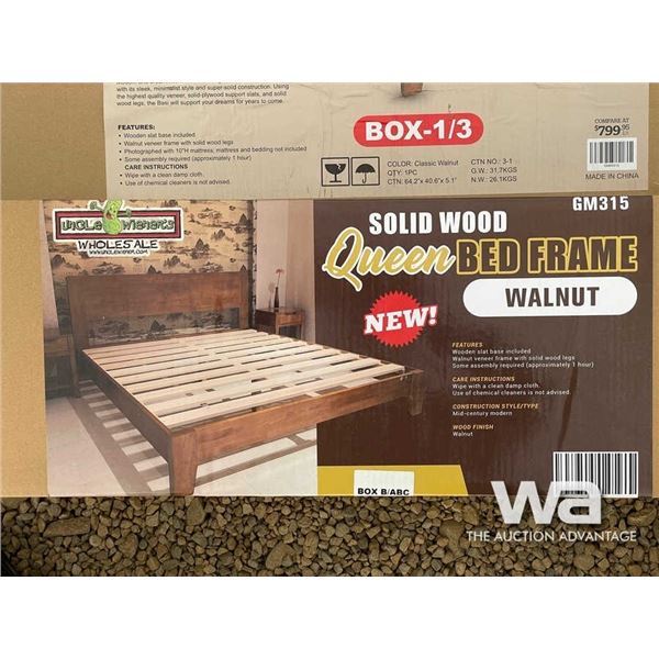 (UN-USED) WALNUT SOLID WOOD QUEEN BED FRAME
