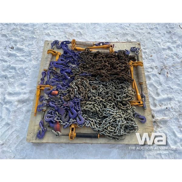 PALLET OF 3/8" CHAINS, RATCHET BOOMERS & CLEVISES