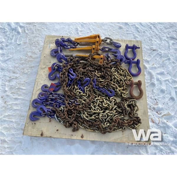 PALLET OF 1/2" CHAINS, RATCHET BOOMERS & CLEVISES