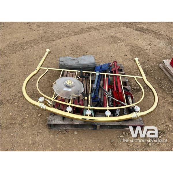 BRASS HEADBOARD, SHOVELS,TOOLS SAWHORSES