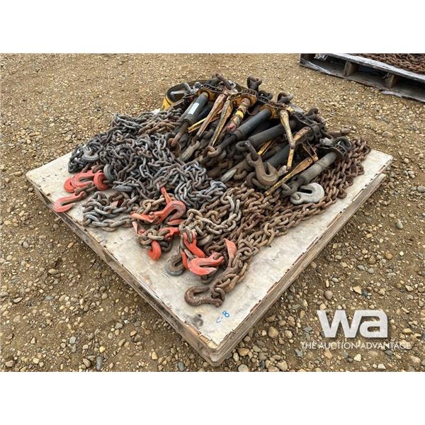 PALLET OF CHAINS & RATCHET BOOMERS