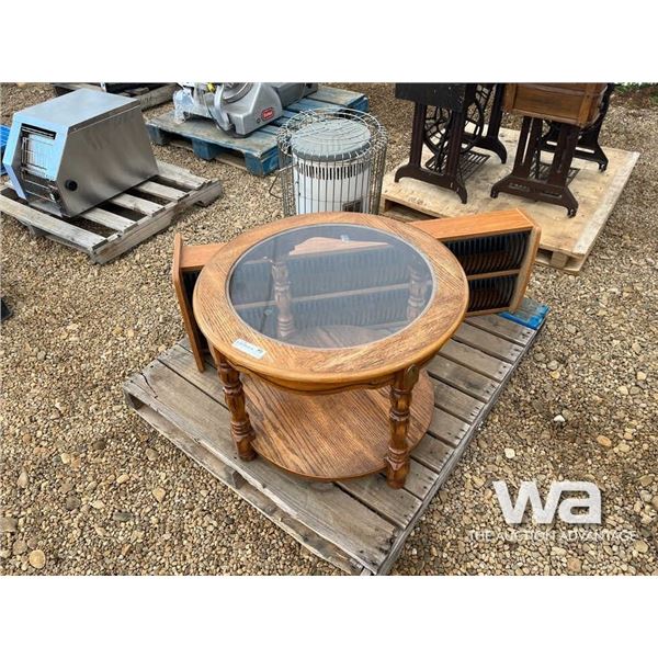 COFFEE TABLE, KEROSENE HEATER, CD TOWER