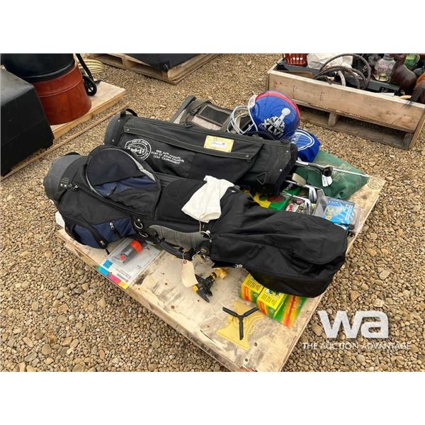 (2) GOLF BAGS, LH CLUBS, PORTABLE COT, GARDEN ACC.