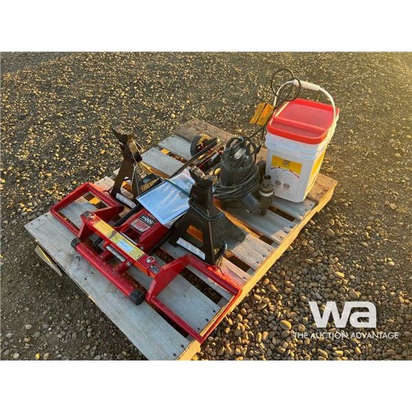 (2) JACK STANDS, 500 LB MOWJACK, SUMP PUMP & HOSE