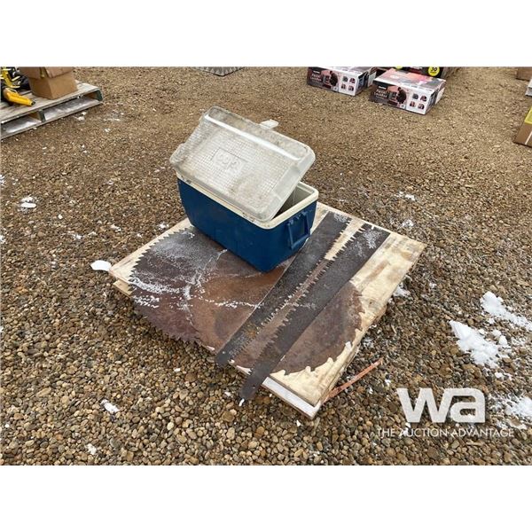 ANTIQUE SAW BLADES, LANTERN, COOLER