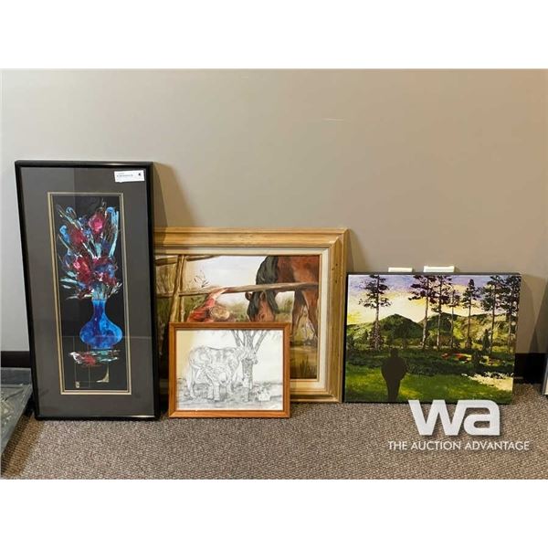 (4) PRINTS: HORSES, FLOWER VASE, FOREST