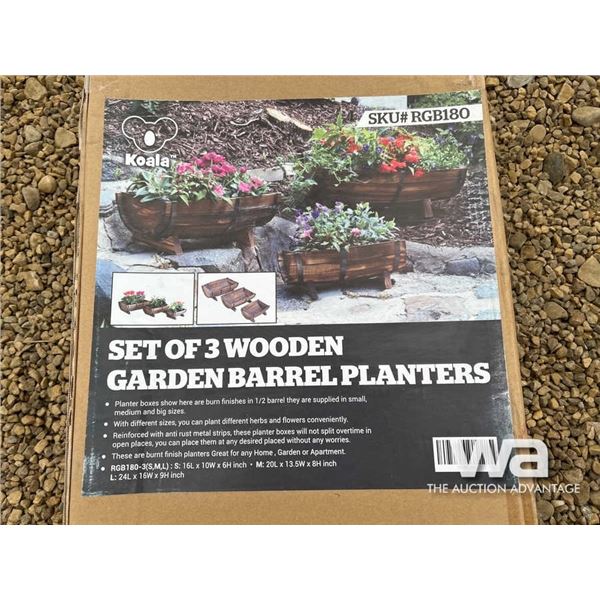 (UNUSED) 3 WOODEN GARDEN BARREL PLANTERS