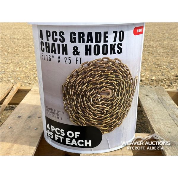 (4) 5/16 IN. X 25 FT. CHAINS W/ GRAB HOOKS